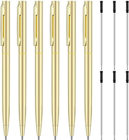 6 Pieces Metallic Ballpoint Pen Slim Retractable Ballpoint Pen Black Ink Metal Pen Mini Conical Ballpoint Pen and 6 Refills for Wedding Business Office Student Teacher, 1.0mm Medium Point (Gold)