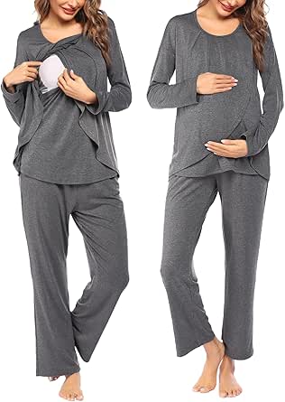 Ekouaer Maternity Nursing Pajama Set Long Sleeve Top & Pants with Pockets Breastfeeding Sleepwear Double Layer Pregnancy