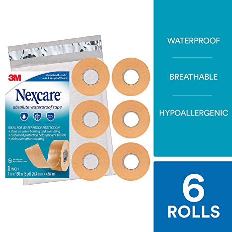 Nexcare Absolute Waterproof First Aid Tape SIOC, Made by 3M, 1-Inch x 5-Yard Roll (Pack of 6)