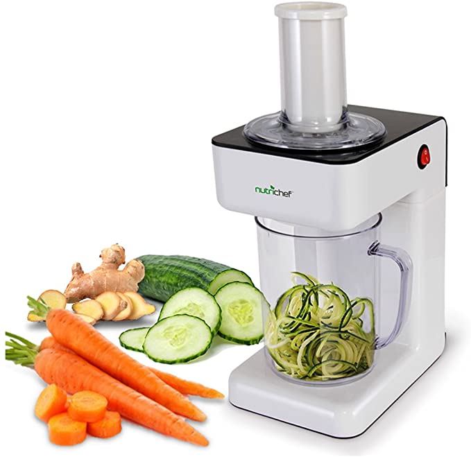 Electric Food Spiralizer - 3-in-1 Food Processor, Salad Shooter, Spiral Shredder, Dishwasher Safe Removable Parts, Includes Switchable Cutting Blades & Electronic Plug-in Design - NutriChef