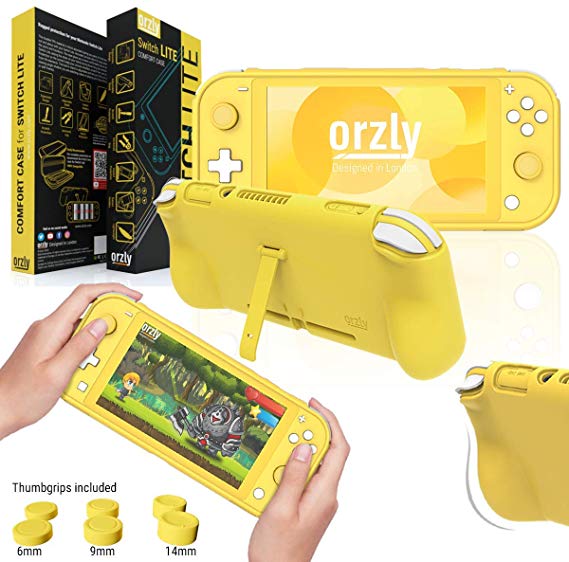 Orzly Grip Case for Nintendo Switch Lite – Case with Comfort Padded Hand Grips, Kickstand, Pack of Thumb Grips - Yellow