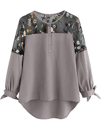 Milumia Women's Floral Embroidered Lace Panel Tie Cuff High Low Blouse Top