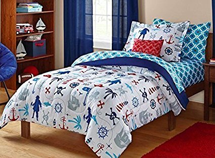 Keeco Kids Pirate Nautical Skull Sea Themed Bedding Set, White/Red/Blue, Twin, 5 Piece Bed in a Bag