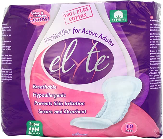 Elyte 100% Pure Cotton Bladder Control Pads-Sensitive Skin Safe, Super, 30 Count