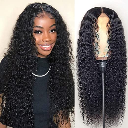 Hisakus T Part Human Hair Wet and Wavy Lace Wig Middles Part Transparent Lace Frontal Water Wave Wigs Brazilian Virgin Human Hair 13x4x1 Water Curly T Part Wig Black Pre Plucked with Baby Hair, 20in
