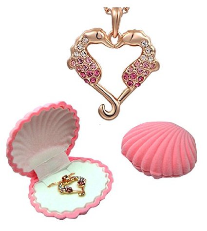 Girls Seahorse 18K Rose Gold Plated Heart Pendant with Pink and White Crystals in Shell Jewelry Box 18quot Chain Keepsake Card with Seahorse Symbolism