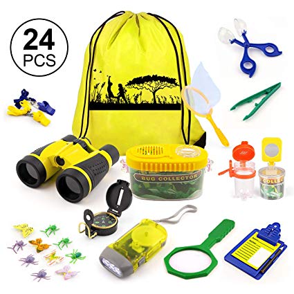 KAQINU Kids Explorer Kit, 24 PCS Outdoor Adventure Camping Kit & Bug Catcher Kit with Drawstring Bag, Binoculars, Compass, Butterfly Net, Educational Nature Exploration Toys Gift for Boys & Girls