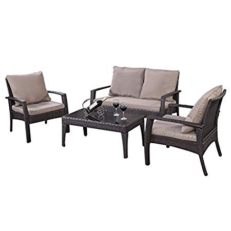TANGKULA 4 Piece Patio Furniture Outdoor Patio Deck Lawn Poolside Wicker Rattan Steel Frame Sectional Conversation Sofa Set Glass Top Coffee Tea Table and Chairs Set with Removable Cushions