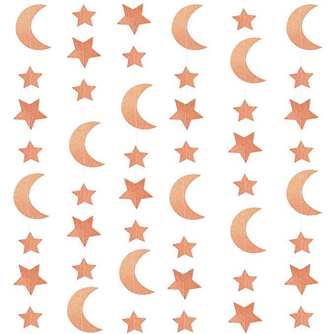 Rose Gold Glitter Twinkle Stars Crescent Paper Garlands Hanging Banners Decorations Wedding Engagement Bachelorette Bridal Shower Baby Shower Birthday Nursery Party Decorations, 24ft