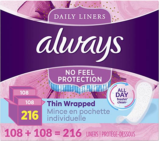Always Thin Daily Liners Regular Unscented Wrapped, 216 Count,packaging may vary