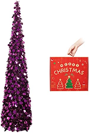 N&T NIETING Christmas Tree, 5ft Collapsible Pop Up Purple Tinsel Christmas Tree Coastal Christmas Tree for Holiday Xmas Decorations, Home Display, Office Decor