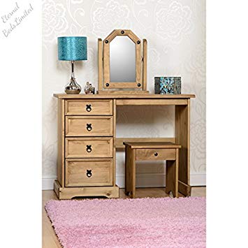 Corona Dressing Table & Stool & Mirror Set in Distressed Waxed Pine