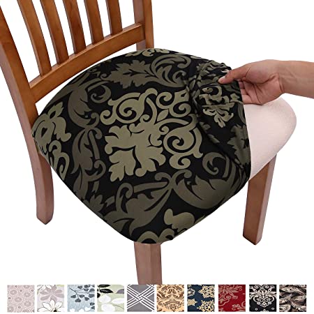 Comqualife Stretch Printed Dining Chair Seat Covers, Removable Washable Anti-Dust Upholstered Chair Seat Cover for Dining Room, Kitchen, Office (Set of 6, Black-A)