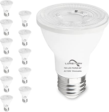 LumStory 12 Pack PAR20 LED Bulbs 5000K Daylight White Dimmable 7W 600LM 50W 60W Halogen Equivalent E26 Spotlight Indoor Outdoor Flood Bulbs for Track Recessed Lighting