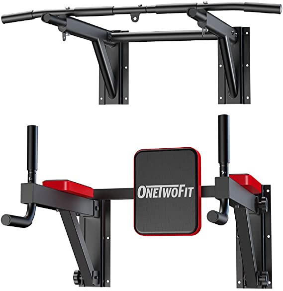 ONETWOFIT Multifunctional Wall Mounted Pull Up Bar Power Tower Set Chin Up Station Home Gym Workout Strength Training Equipment Fitness Dip Stand Supports to 330 Lbs