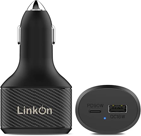 LinkOn 112.5W USB-C Car Charger with 90W PD3.0 PPS and 18W QC3.0 ports Compatible with MacBook Dell HP Lenovo Samsung Huawei FCP SCP Apple iPhone iPad
