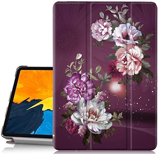 Hocase iPad Pro 11 Case, Trifold Folio Stand Smart Case with PU Leather, Auto Sleep Wake, Plastic Hard Back Cover for iPad A1980/A2013/A1934 (Apple Pencil Charging Supported) - Burgundy Flowers