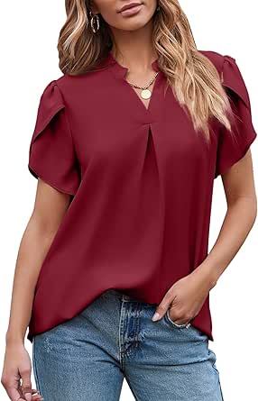 EVALESS Women's Dressy Casual Business Work Chiffon Blouses Tops Summer V Neck Cute Loose Petal Short Sleeve T-Shirts