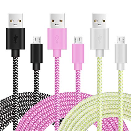 Micro Usb Cable Braided, Pofesun 3PCS 6ft Nylon Braided Micro USB Charging & Sync Data Charger Cable Cord for Samsung, HTC, Motorola, LG, PS4, Xbox One, Nokia,Android and More (Black White Pink)
