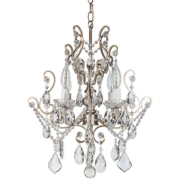 Theresa Vintage Silver Crystal Chandelier, Mini Plug-In Swag Glass Pendant 4 Light Wrought Iron Ceiling Lighting Fixture Lamp
