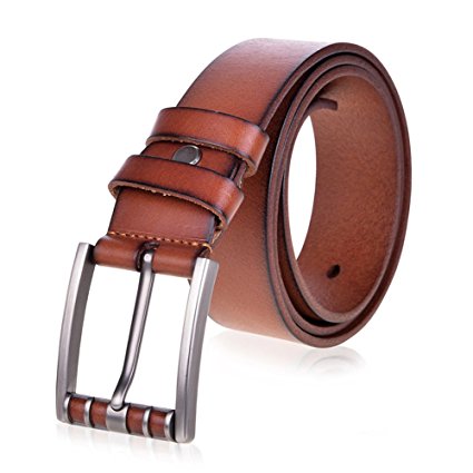 Vbiger Vintage Men's Belt 1 1/2" (38mm) Wide Genuine Leather Smooth Bridle Waist Strap (Brown 2)