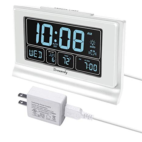 DreamSky Auto Set Digital Alarm Clock with USB Charging Port, 6.6 Inches Large Screen with Time/Date/Temperature Display, Full Range Brightness Dimmer, Auto DST Setting, Snooze. (White)