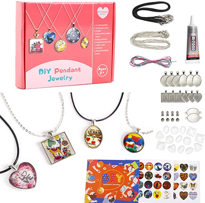 Juboury Girls Jewelry Making Kit - Jewelry Craft Kit, DIY Pendant Necklace and Bracelet Crafting Set for Kids and Teen Girls, Make 12 Necklaces and 2 Bracelets with Craft Supplies