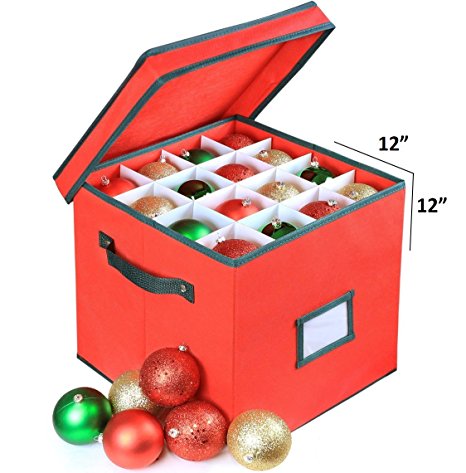 Premium Heavy Duty Ornament Fabric Storage Box With Deviders, 4 Removable Trays, Fits 64 Ornaments Balls, Red (1 Pack, Christmas)