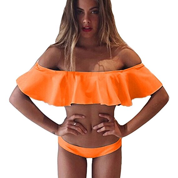 Hoyod Women Sexy Off Shoulder Flounce Swimsuit Strapless 2pcs Bikini