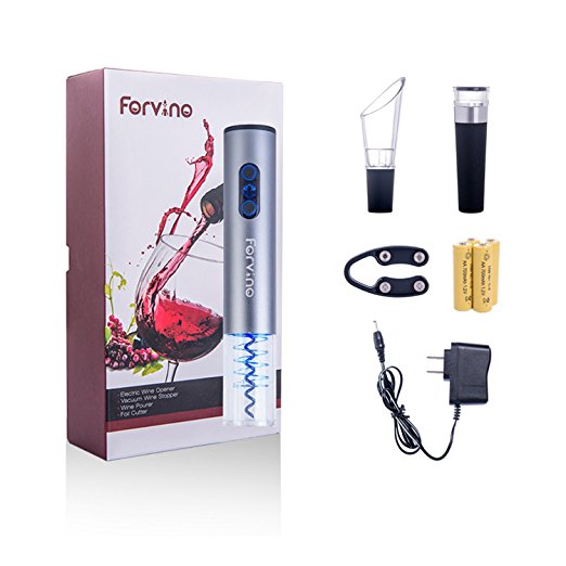 Rechargeable Electric Wine Bottle Opener Set With AA Batteries and Charger, Automatic Wine Corkscrew Accessories Gift Box Kit With Foil Cutter, Vacuum Wine Stopper, Aerating Pourer- Forvino BW8207