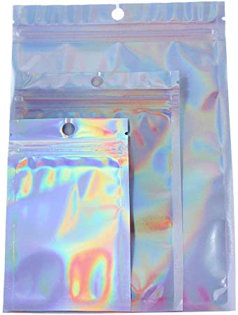 EORTA 100 Pieces Aluminum Foil Pouch Plastic Packaging Bags Self Seal Laser Ziplock Bags Resealable Storage Container with Hanging Hole for Food Snack Cosmetic Jewels Party Favors, Small-12x7.5 cm