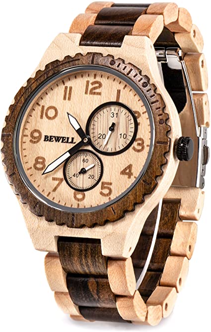 BEWELL Wood Watches for Men Analog Quartz Date Retro Handcraft Lightweight Wooden Wristwatch W154A