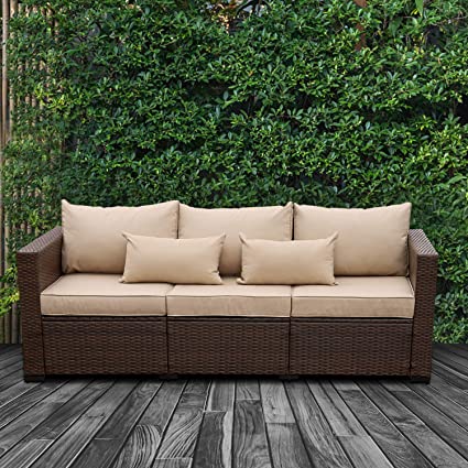 Patio PE Wicker Couch - 3-Seat Outdoor Brown Rattan Sofa Seating Furniture with Beige Cushion
