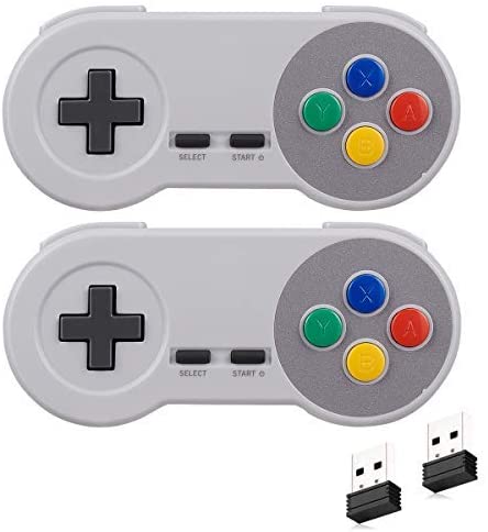 2 Pack Wireless USB SNES Controller Compatible for PC/Switch, 2.4GHz Rechargeable SNES Classic USB Gamapad Controller with Receiver for Windows,iOS,Retropie