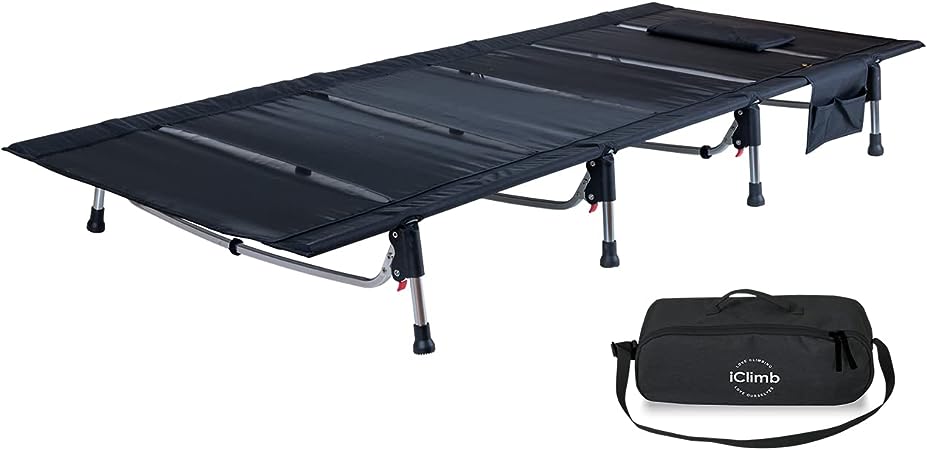 iClimb Super Easy Assemble Folding Cot Ultralight Compact Heavy Duty with Carry Bag for Adults Camping Backpacking (Black)