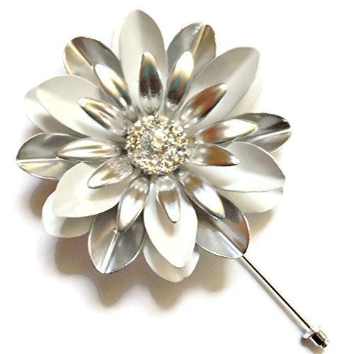 Large White and Silvertone Painted Metal Flower Lapel Pin Enamel Rhinestone Daisy