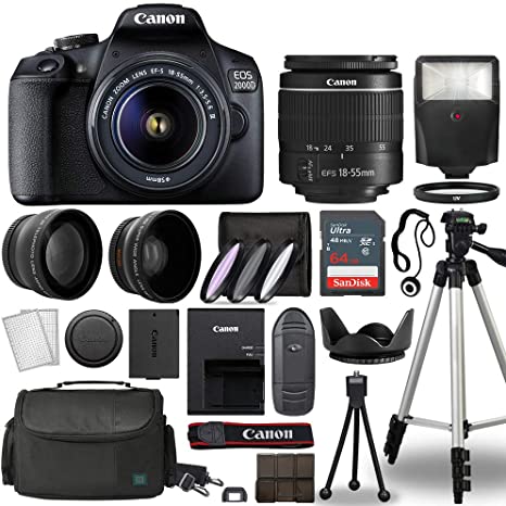 Canon EOS 2000D / Rebel T7 Digital SLR Camera Body w/Canon EF-S 18-55mm f/3.5-5.6 is STM Lens 3 Lens DSLR Kit Bundled with Complete Accessory Bundle   64GB   Flash   Case & More - International Model