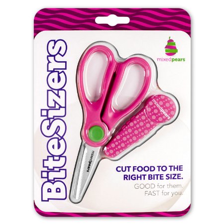 BiteSizers Portable Food Scissors with Cover - Certified Food-Safe by NSF, Stainless Steel, Cuts Baby Food (Pink Bubbles)