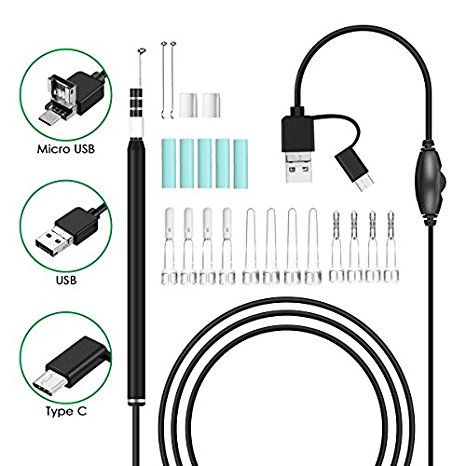 USB Otoscope, MWAY Ear Wax Remover HD 1.3MP Ear Endoscope Inspection Camera,3 In1 Earwax Cleansing Tool with 6 LEDs for Micro USB &USB-C Android Devices, Windows &MAC PC