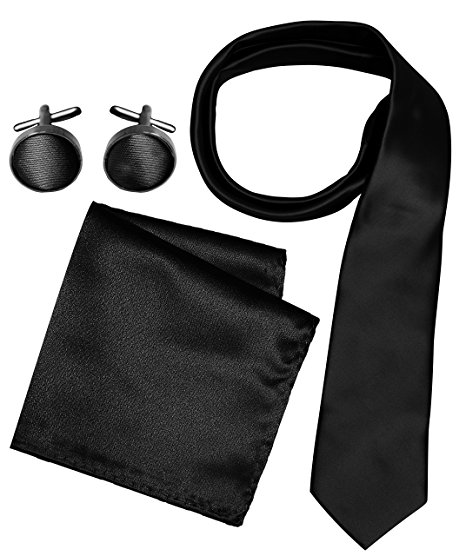 Peach Couture Men's Silk Feel Necktie Cufflinks Pocket Square Handkerchief Set