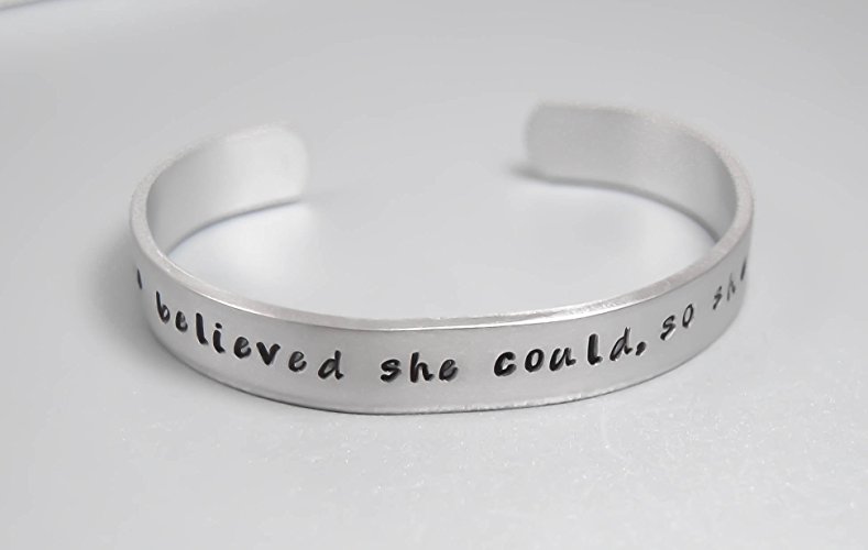 Inspiration, encouragement bracelet, "She Believed She Could So She Did" Hand Stamped cuff Bracelet