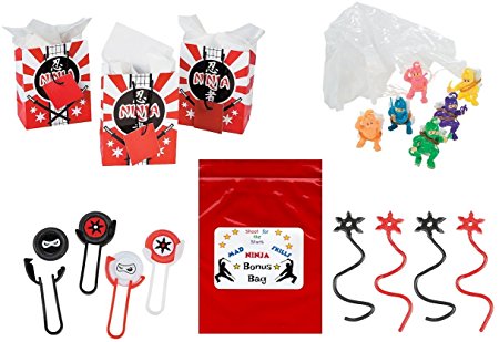 Ninja Warrior Kid's Party Favor Bundle Pack 60 pc (12 Treat Bags, 12 Sticky Stars, 12 Disk Shooters, 24 Paratroopers)