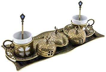 Premium Turkish Greek Arabic Coffee Espresso Serving Set for 2,Cups Saucers Lids Tray Delight Sugar Dish 11pc (Antique Brass)