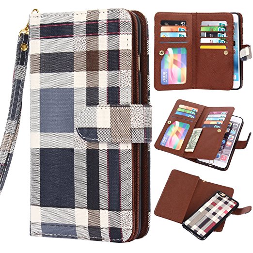 iPhone 6 Case, iPhone 6 Checkered Case, GX-LV iPhone 6 Multi-functional Wallet Case, Luxury Deluxe Design Business style Classic Plaid Check Ultra-large Capacity Detachable Wristlet Wrist Strap Leather Flip Purse Wallet Case Cover with ID Holder / Credit Card Slot / Inner Pocket For Apple iPhone 6 4.7" inch With Free 1 GX-LV Screen Protector and 1 Stylus Pen (Black)