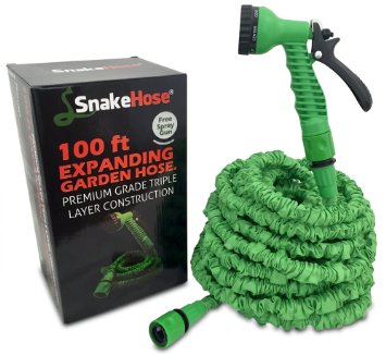 SnakeHose Expanding Best Garden Hose Pipe Green 100-Ft No-Kink Hosepipe Includes 7-Setting Spray Gun Nozzle and 2 Quick-Fit Connectors with Spare Washer and Instruction Sheet. Pressure Washer Suitable.