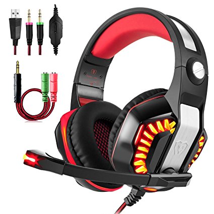 Beexcellent Gaming Headset With Microphone 2017 Newest GM-2 Game Headphone with LED Light for PS4 Xbox One Laptop Tablet Mobile Phones PC Controller(Red Black)