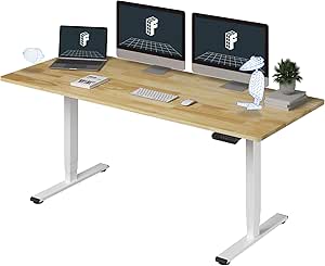 FLEXISPOT E6 Essential Solid Wood 3 Stages Dual Motor 71x30 Inch Electric Height Adjustable Standing Desk Whole-Piece Board Rubber Wood Desk Sit Stand Up Desk (White Frame   Solid Wood Desktop)