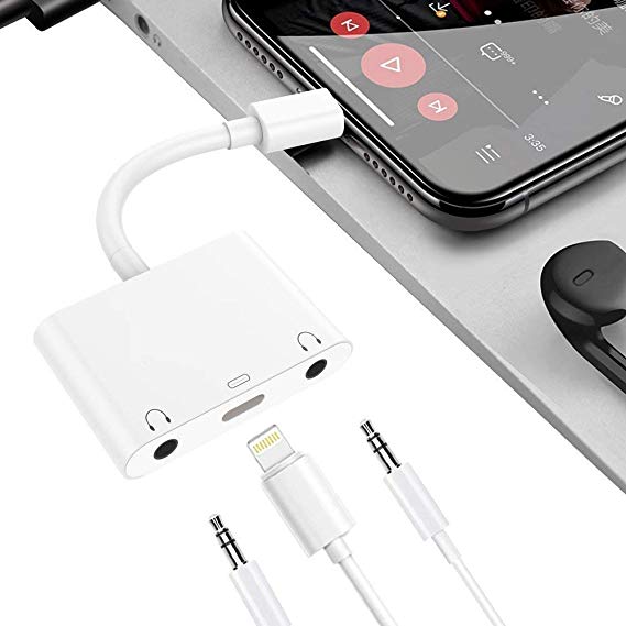 LYZZO Adapter and Splitter for iPhone 7/7 Plus/8/8 Plus/X, 3 in 1 Headphone Jack Audio & Charge Cable at The Same time Data Sync Call Function(WhiteC)