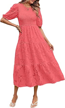 MEROKEETY Women's 2024 Summer Puff Sleeve Smocked Floral Dress Crewneck Lace Flowy Tiered Midi Dresses