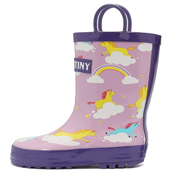 Kids Rain Boots Durable Rubber Printed Girls and Boys Waterproof Shoes with Easy on Handles for Toddlers